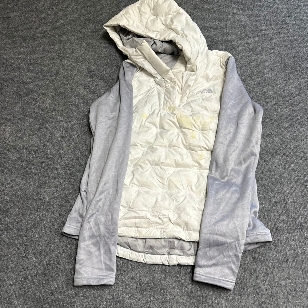 The North Face Jacket Womens Size M White Grey Hybrid Goose Down Quilted Stained